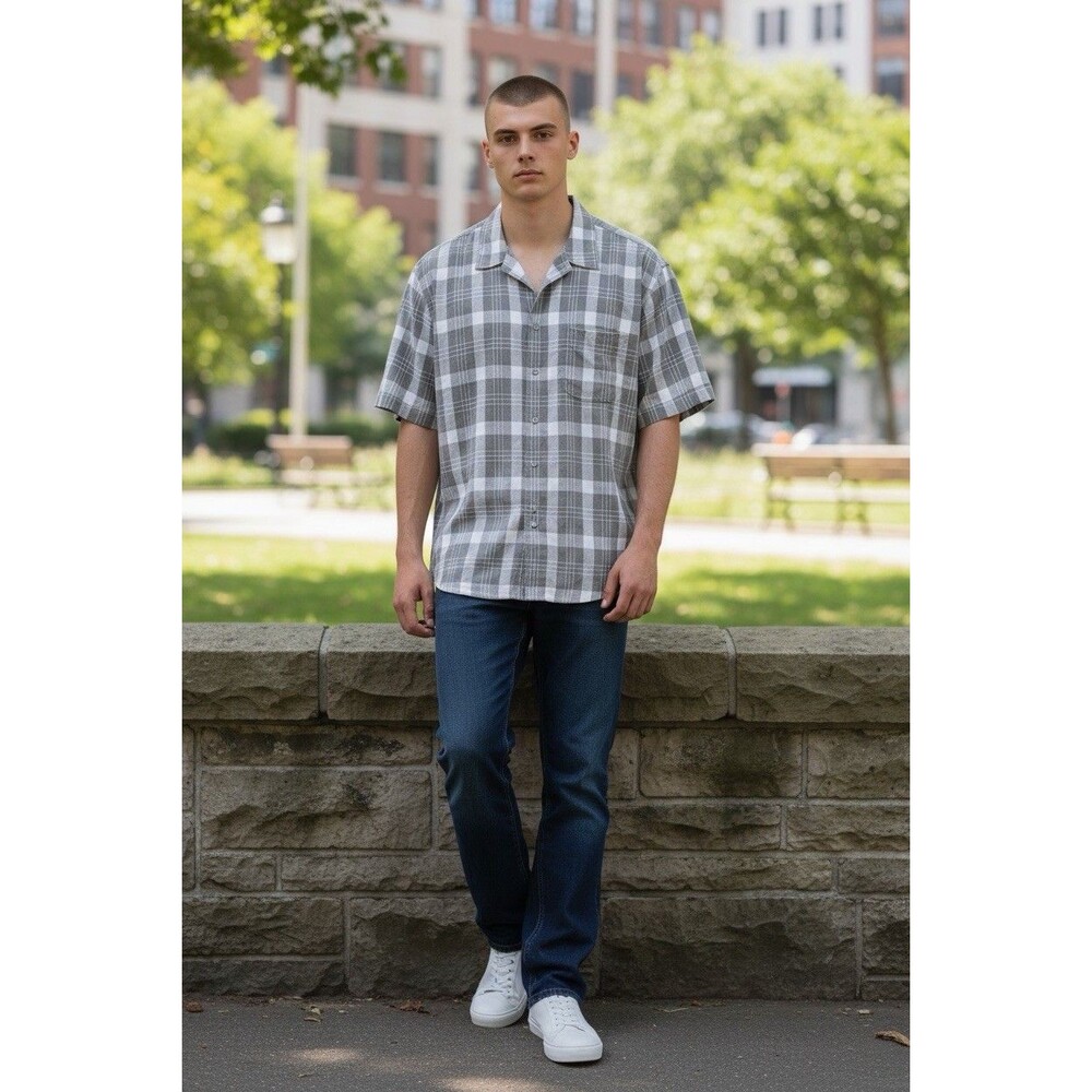 Islander Shirt Mens XL Gray White Plaid Short Sleeve Linen Cotton Button Up Pkt